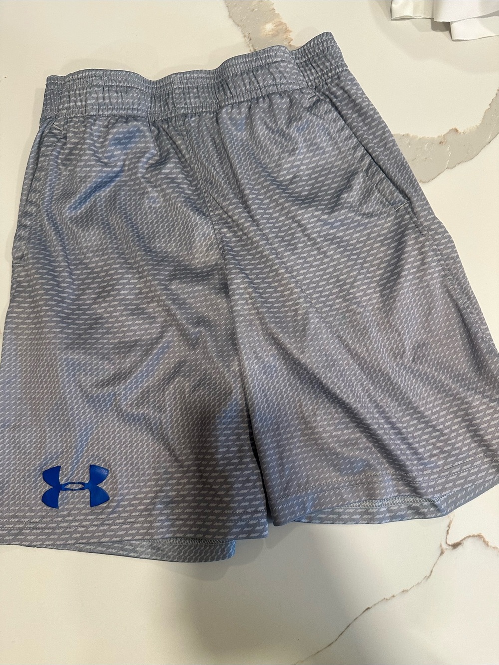 Under Armour Light Gray Patterned Athletic Shorts with Blue Logo